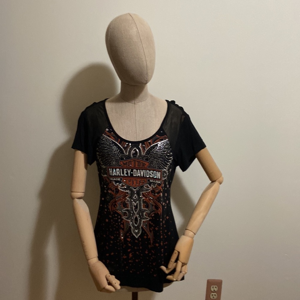 Harley~Davidson Woman’s black short sleeve orange sequin top.  D14